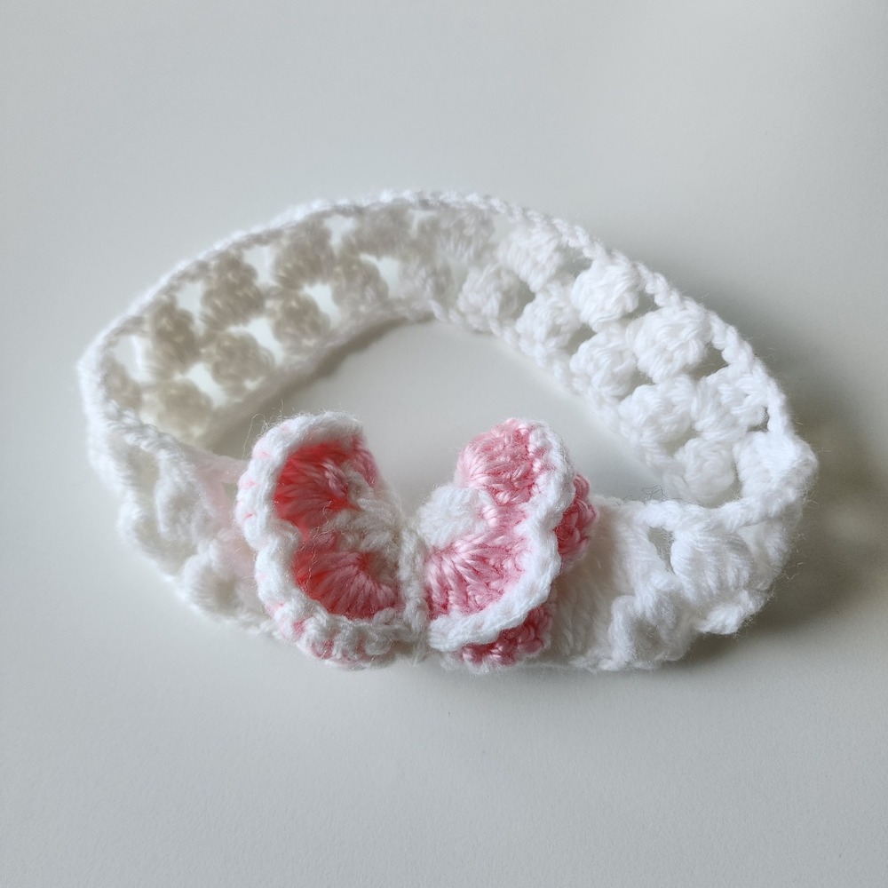 Crochet Butterfly Baby Headband White Pink Handmade Knit Photoshoot Accessory